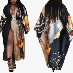 Women’s Lightweight Long Cardigan Vintage Floral Open Front Kimono